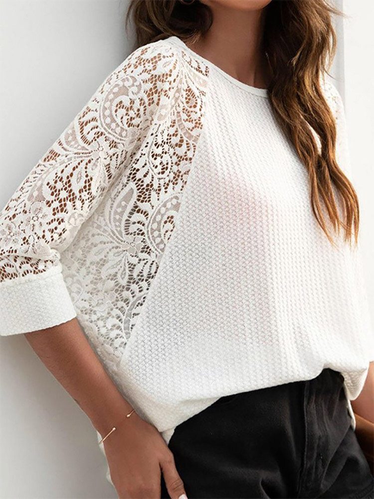 Solid Lace Patchwork T-skjorte Med Hule Raglanermer