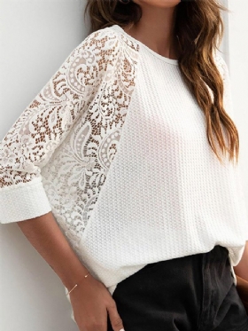 Solid Lace Patchwork T-skjorte Med Hule Raglanermer