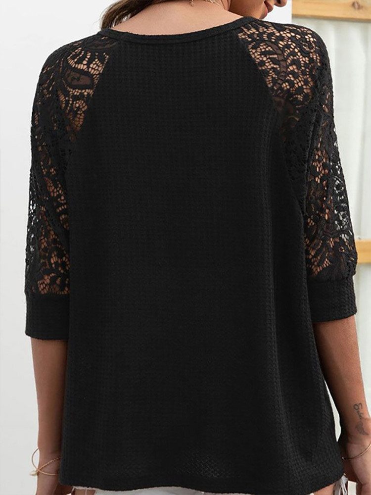 Solid Lace Patchwork T-skjorte Med Hule Raglanermer