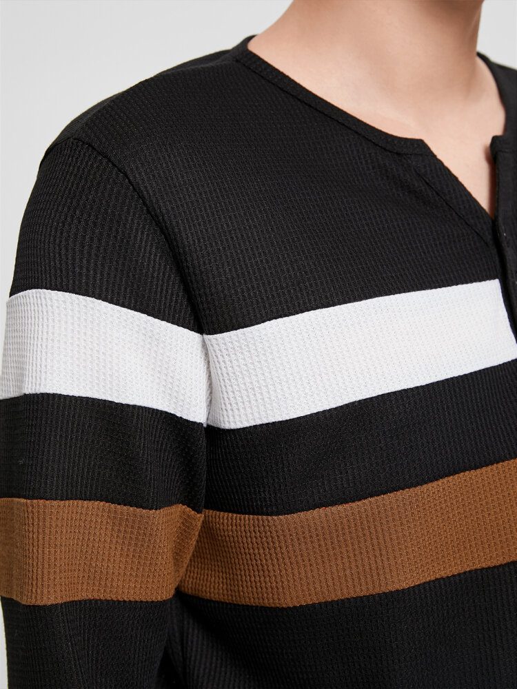 Stripete Herreknapper Med Hakkkrage Patchwork Henley T-skjorte