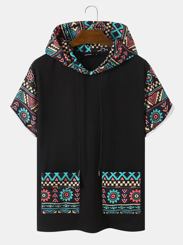 Tribal Geometric Print Patchwork Dobbellomme T-skjorter Med Hette Med Korte Ermer