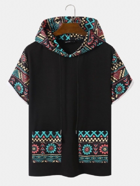 Tribal Geometric Print Patchwork Dobbellomme T-skjorter Med Hette Med Korte Ermer