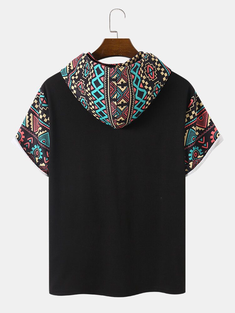 Tribal Geometric Print Patchwork Dobbellomme T-skjorter Med Hette Med Korte Ermer