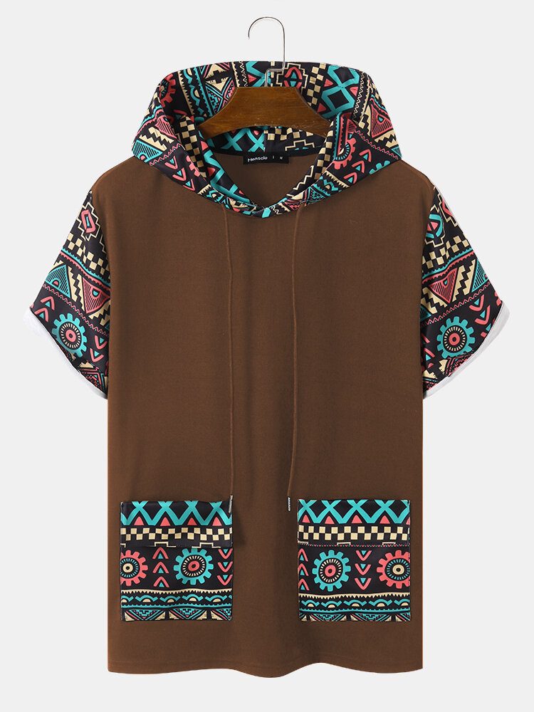 Tribal Geometric Print Patchwork Dobbellomme T-skjorter Med Hette Med Korte Ermer