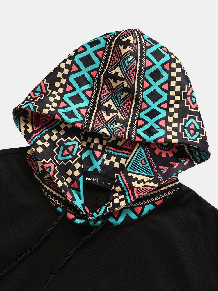 Tribal Geometric Print Patchwork Dobbellomme T-skjorter Med Hette Med Korte Ermer