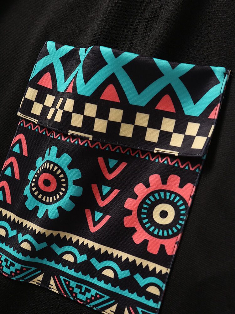 Tribal Geometric Print Patchwork Dobbellomme T-skjorter Med Hette Med Korte Ermer