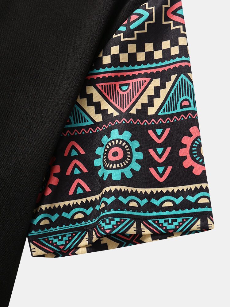 Tribal Geometric Print Patchwork Dobbellomme T-skjorter Med Hette Med Korte Ermer