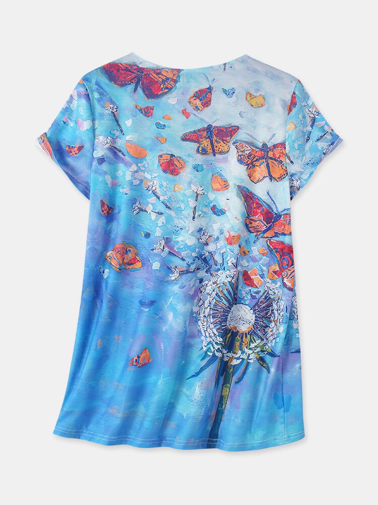 Women All Over Butterfly Print V-hals Uformelle Kortermede T-skjorter