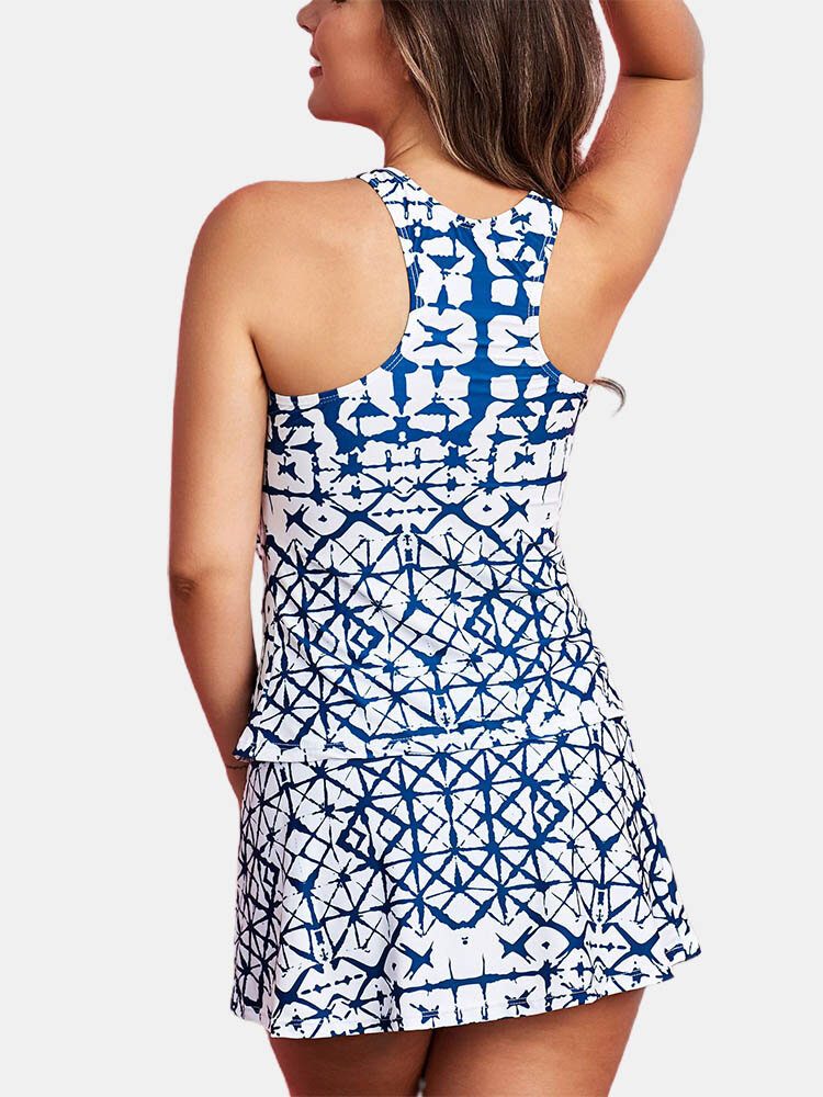 Abstrakt Geometrisk Trykk Brede Skulderstropper Summer Beach Blue Swimdress