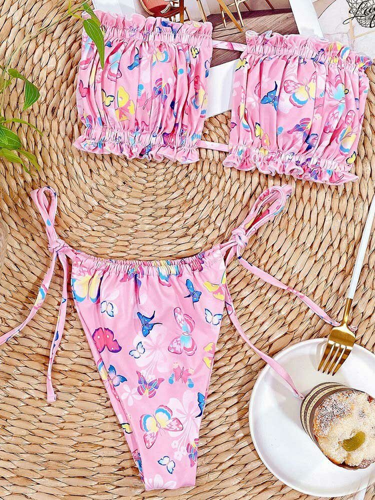 Animal Butterfly Printed Tie Tube Stroppløs Bikini Beach Badetøy For Kvinner