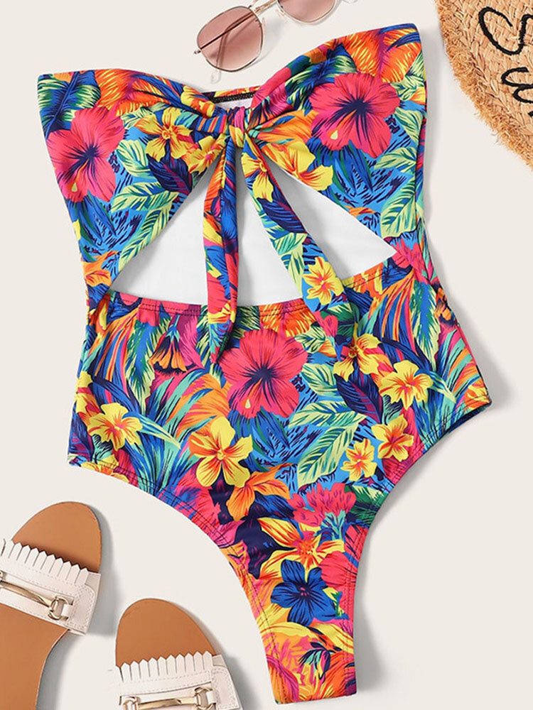 Blomstertrykk Cut Out Knotted One Piece Hawaii Style Dame Strandbadetøy