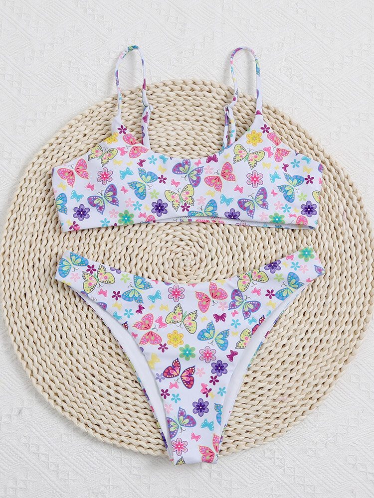 Butterfly Blomstertrykk Ermeløse Justerbare Stropper Strandbadetøy Bikini