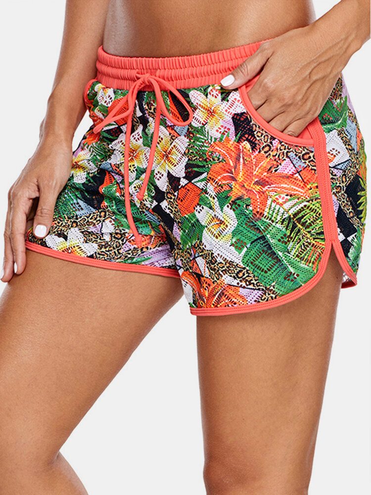 Dame Blomstertrykk Hollow Out Snøring Svømmegutteshorts