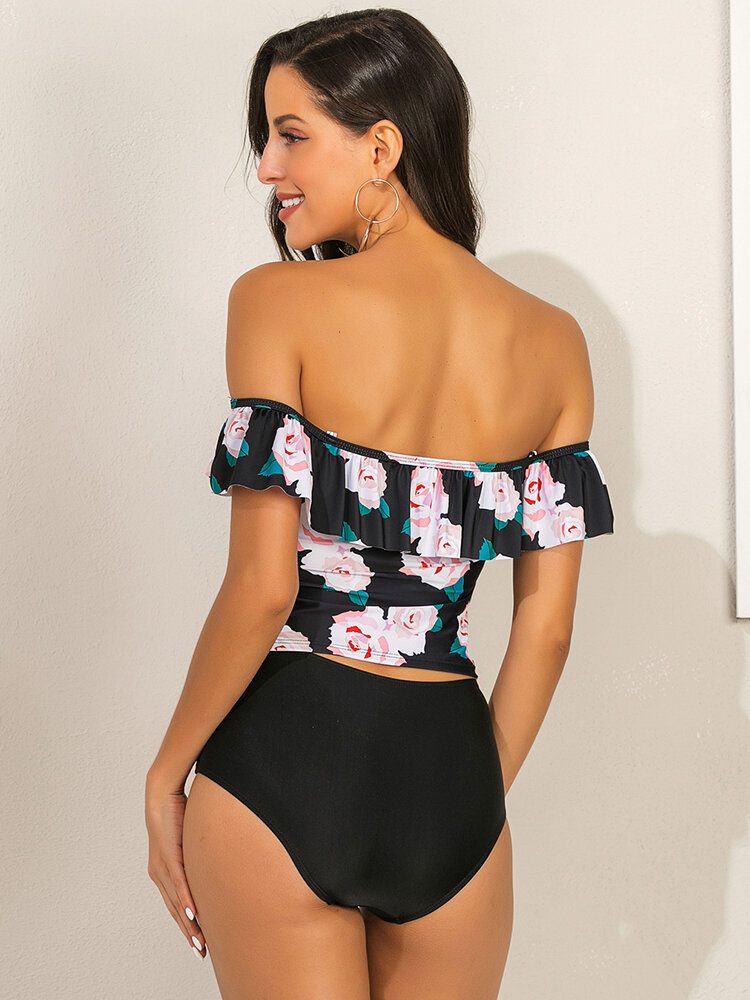 Dame Blomstertrykk Ruffles Høy Midje Tankini Hawaii Beach Badetøy