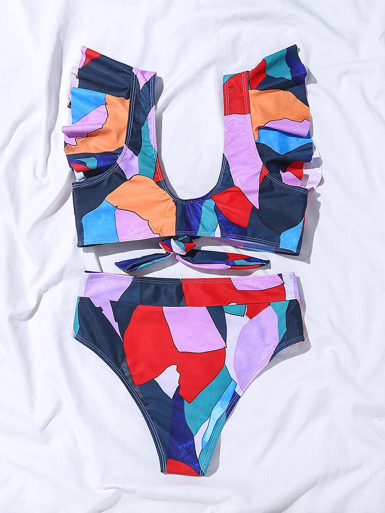 Dame Geometri Print Ruffles Knot High Waist Beach Bikini