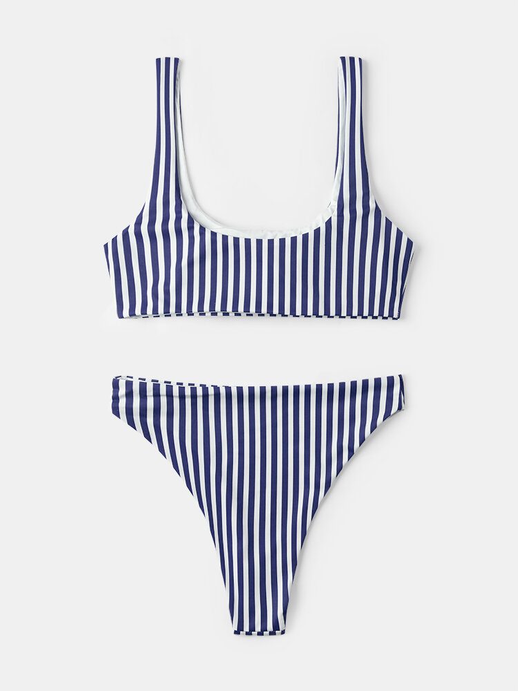 Dame Klassisk Stripe Print Brede Skulderstropper Badetøy Ryggløs Bikini