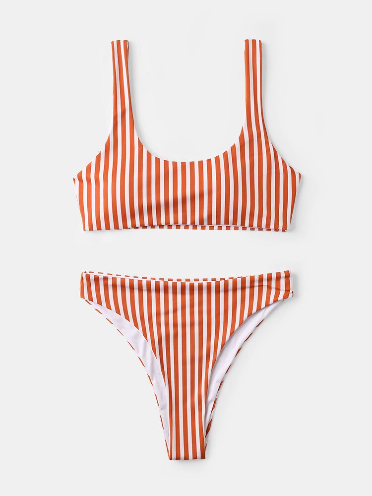 Dame Klassisk Stripe Print Brede Skulderstropper Badetøy Ryggløs Bikini