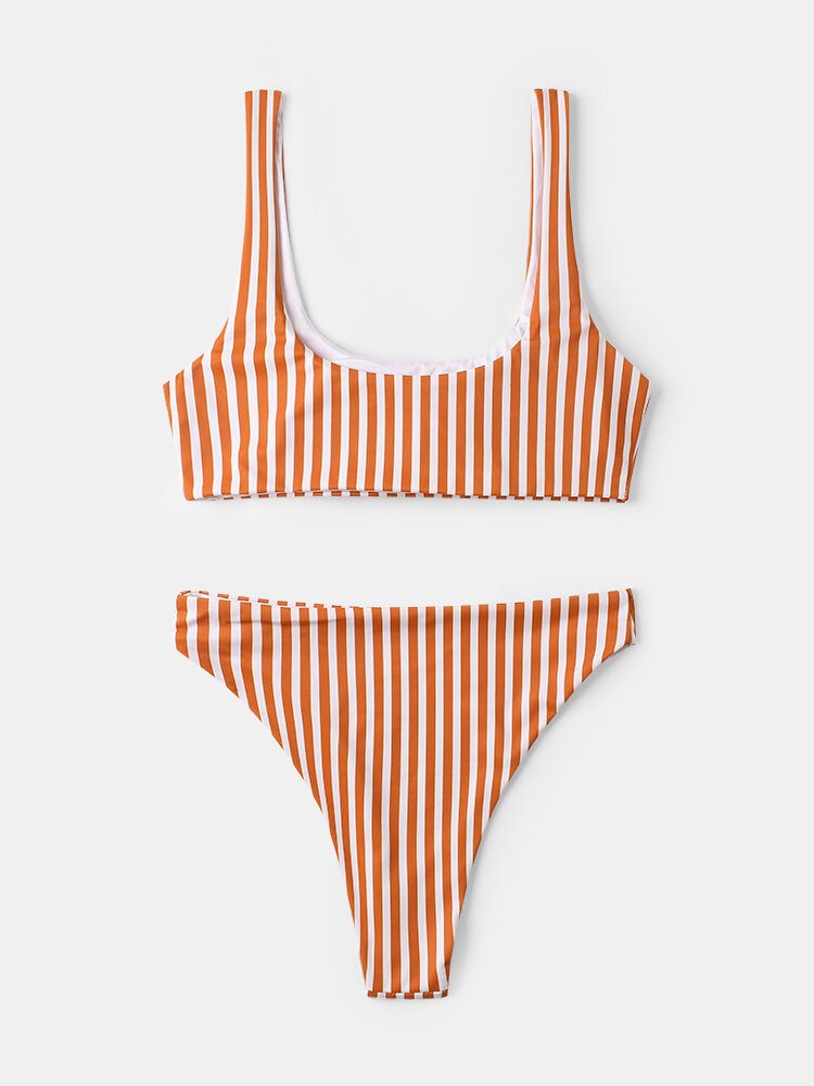 Dame Klassisk Stripe Print Brede Skulderstropper Badetøy Ryggløs Bikini