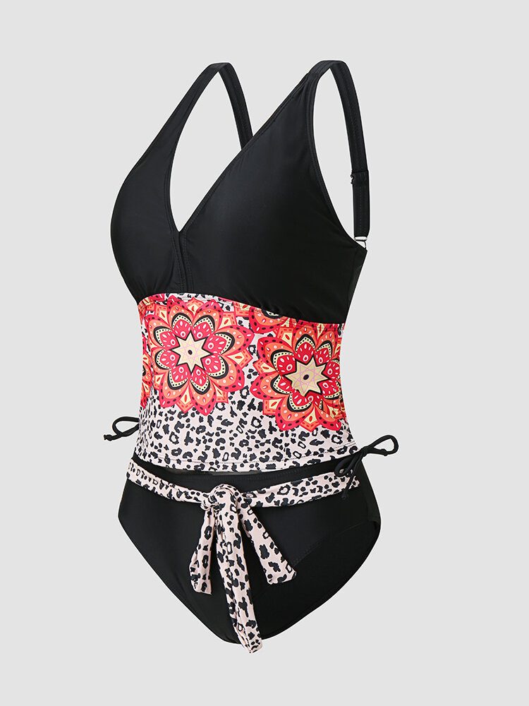 Dame Leopard Calico Patchwork Ribbon Polstret Bikinier I Bohemstil