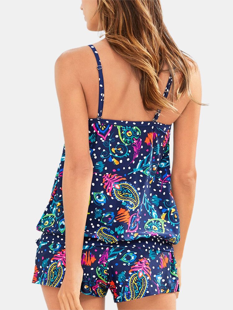 Dame Polka Dot Etnisk Print Trådløs Backless Strappy Tankinis Badetøy