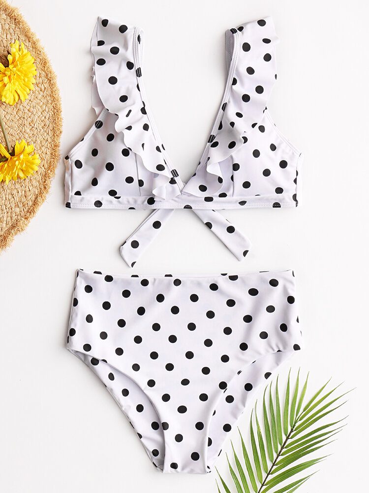 Dame Polka Dot Print Volanger Ermer Knyt High Waist Bikini