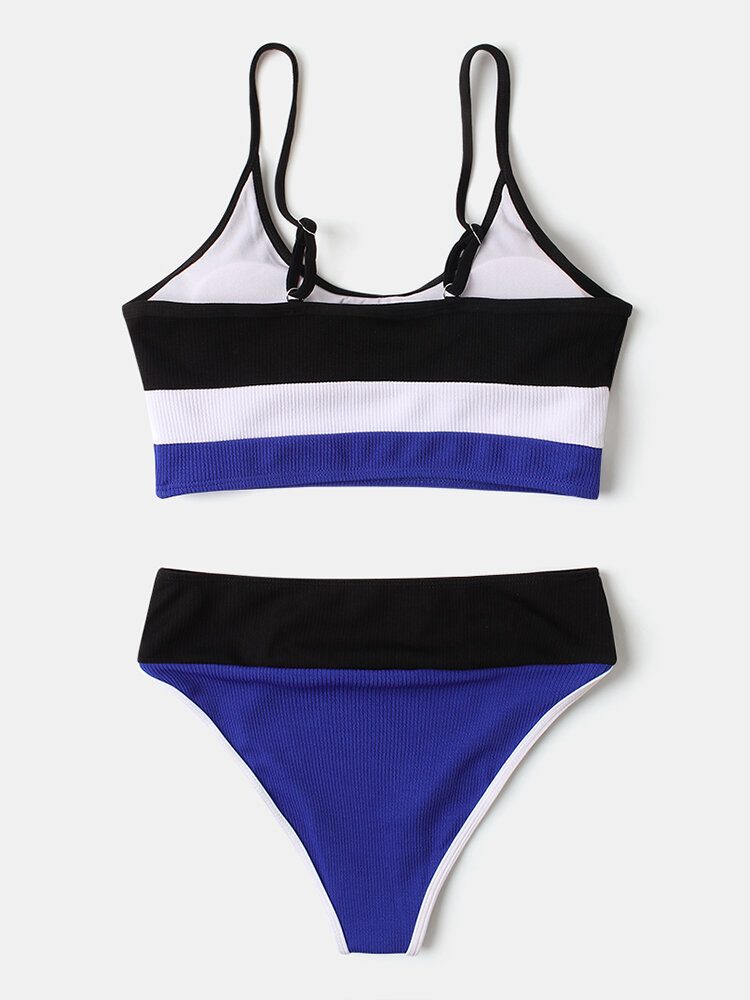 Dame Stripe Patchwork Bikini Med Rygg Uten Rygg Med Høy Midje