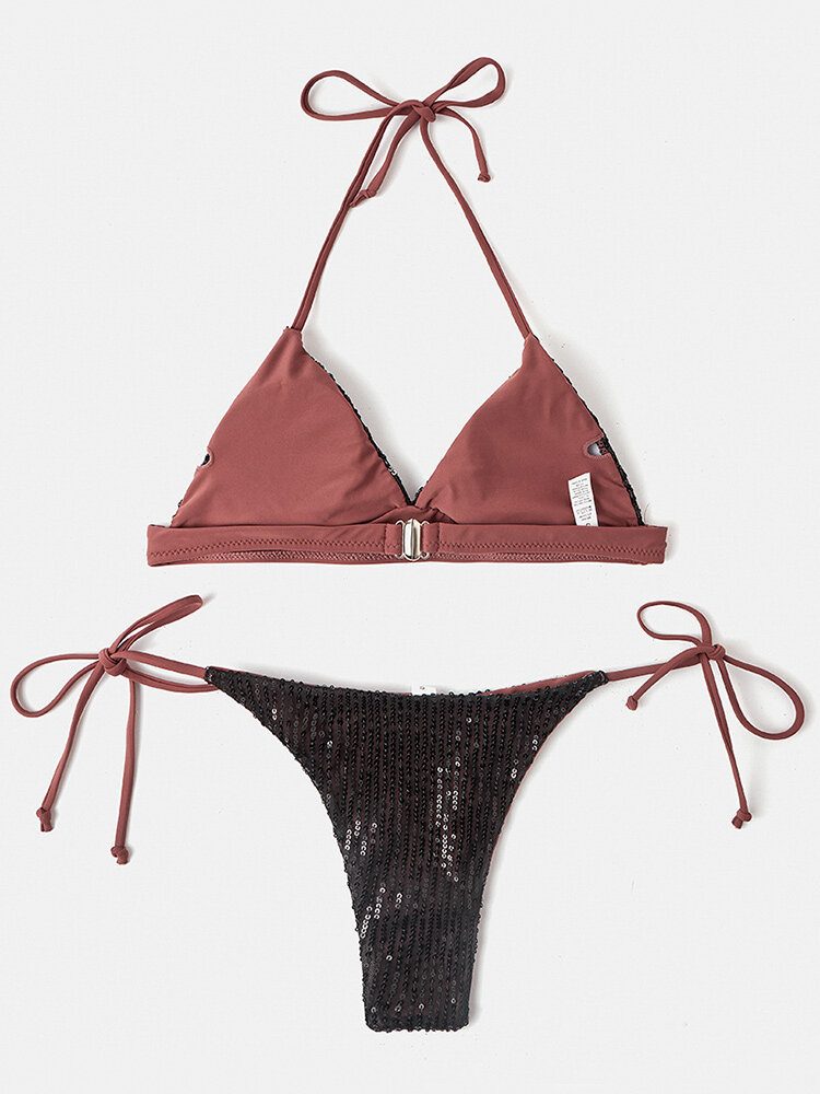 Dame Triangle Halter Paljetter Ensfarget Bakløs Bikini String Beachwear