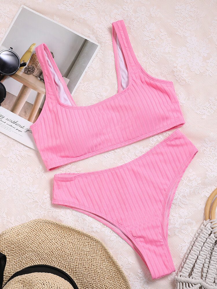 Ensfarget Plain Stripe Casual Bikini Badetøy