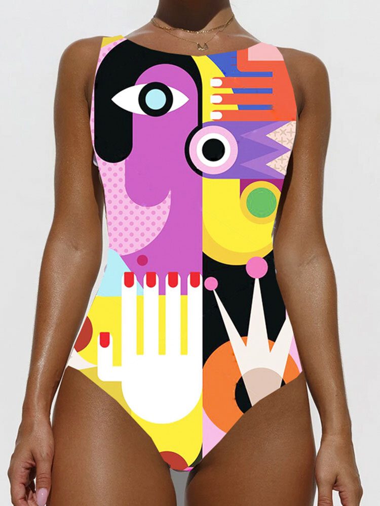 Fargerik Abstrakt Figurtrykk Høyhals Slanking One Piece Beach Dame Badetøy