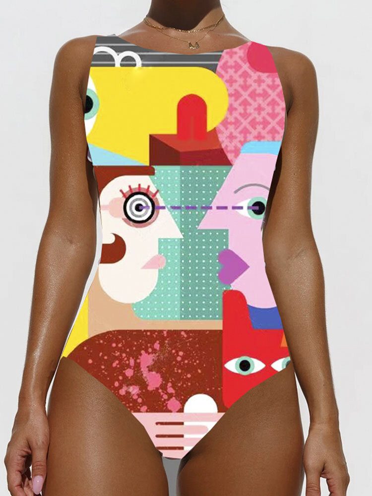 Fargerik Abstrakt Figurtrykk Høyhals Slanking One Piece Beach Dame Badetøy