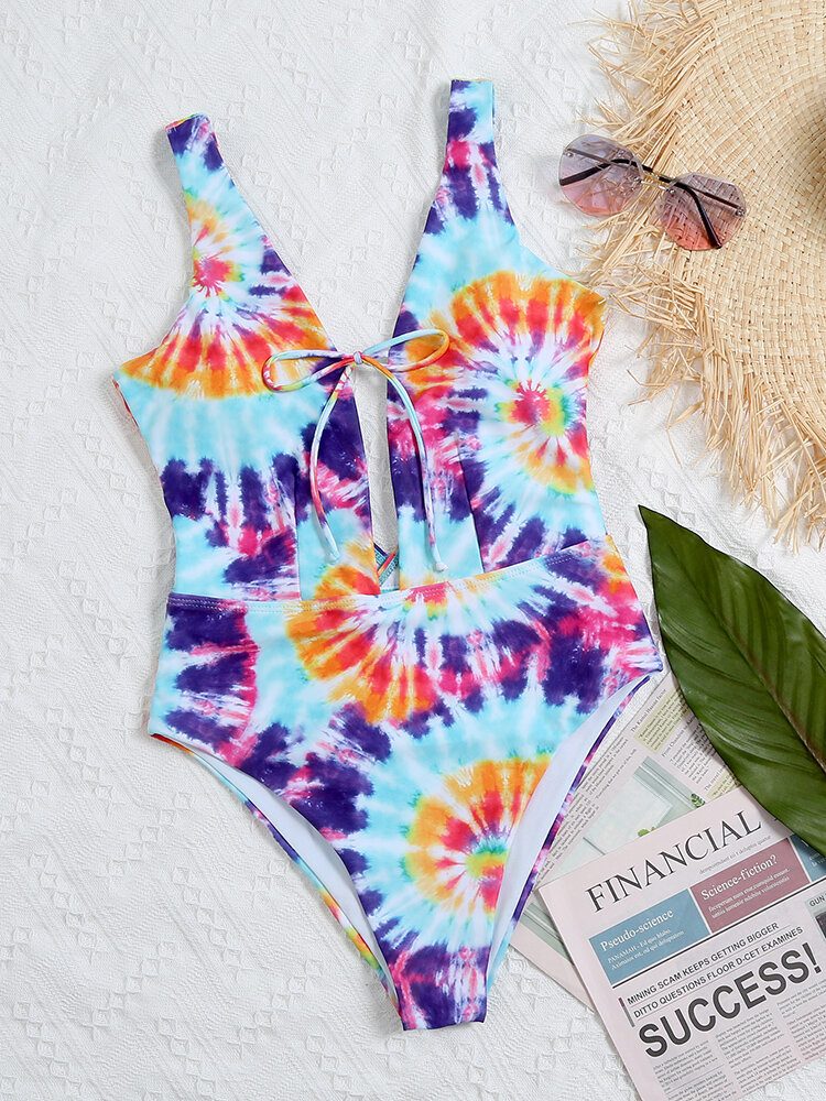 Fargerik Tie Dye Bowknot Trim High Fork One Piece Dame Strandbadetøy