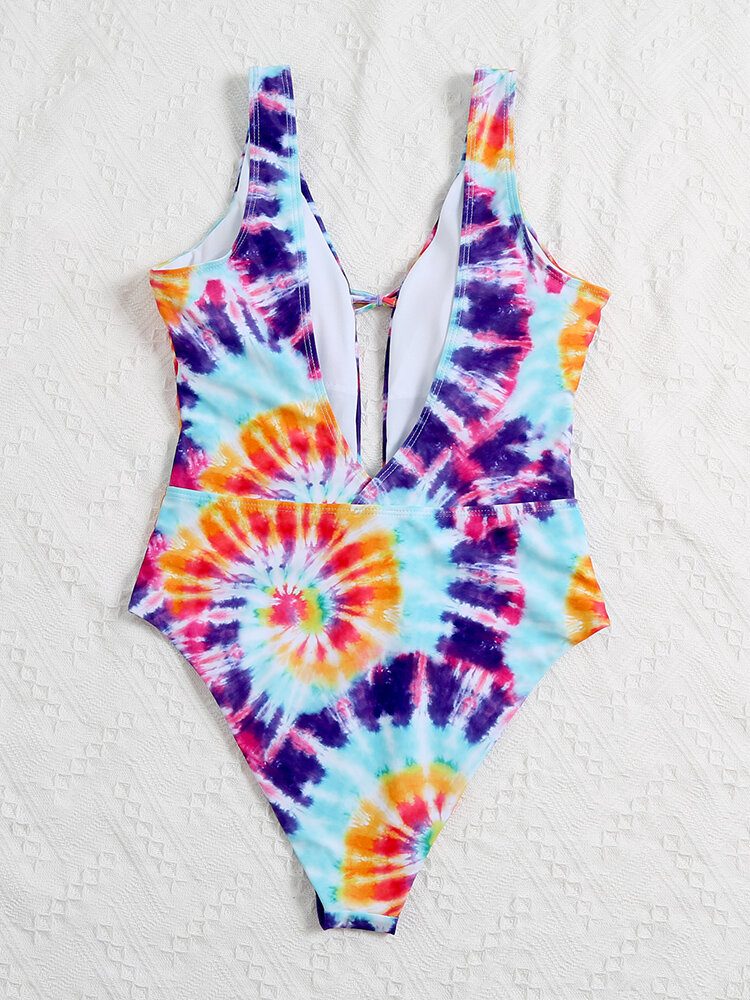 Fargerik Tie Dye Bowknot Trim High Fork One Piece Dame Strandbadetøy