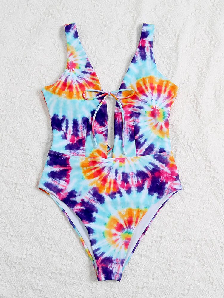 Fargerik Tie Dye Bowknot Trim High Fork One Piece Dame Strandbadetøy