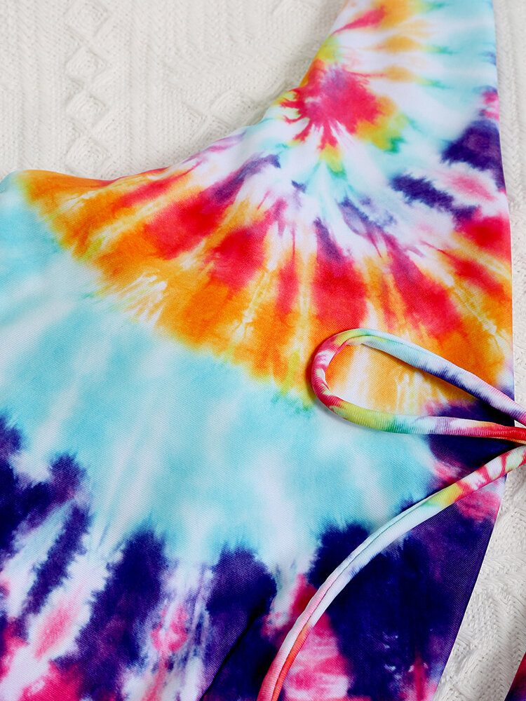 Fargerik Tie Dye Bowknot Trim High Fork One Piece Dame Strandbadetøy