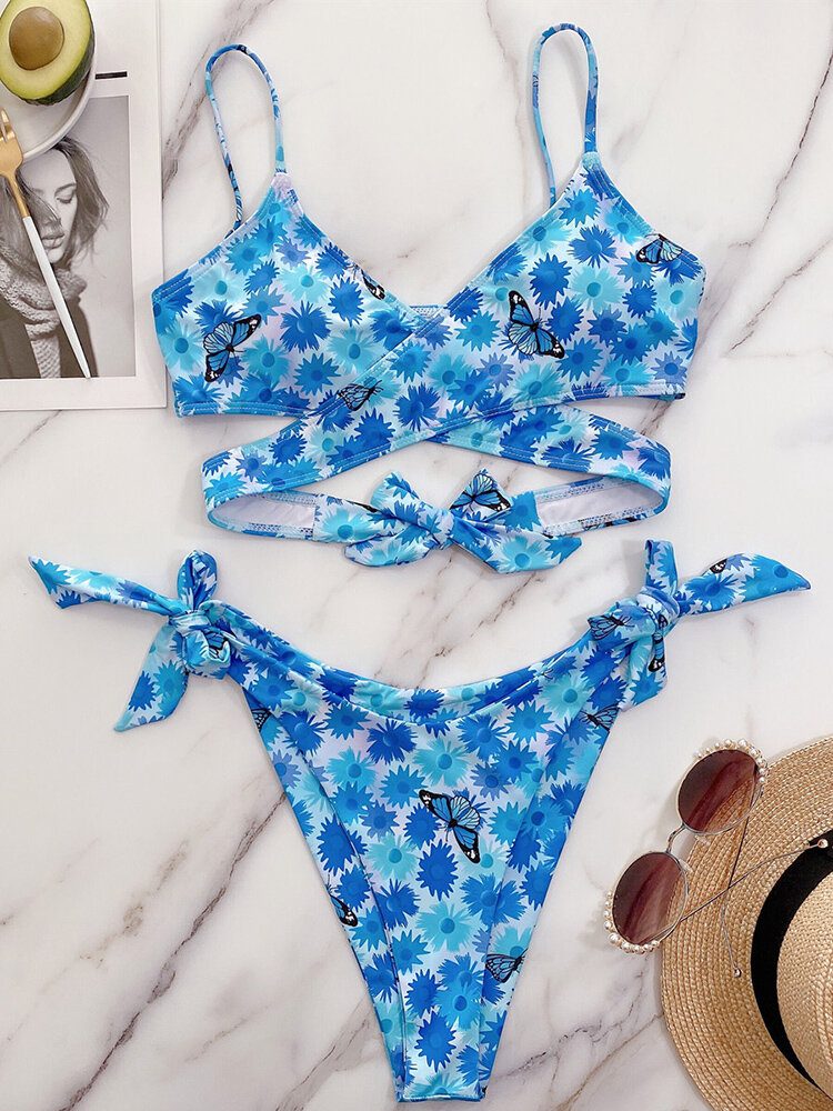 Floral Butterfly Animal Print Tie Cross Split Beach Bikini Dame Badedrakt