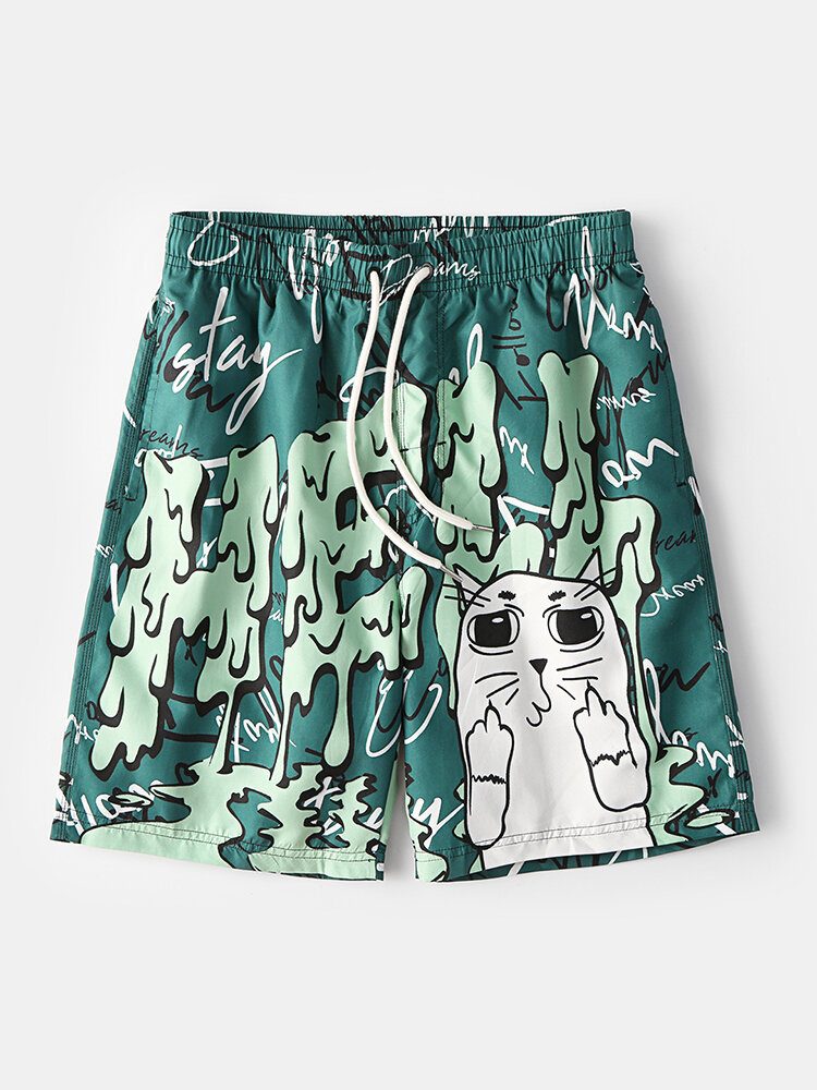 Funny Graffiti Print Mesh Liner Hurtigtørrende Holiday Casual Board Shorts