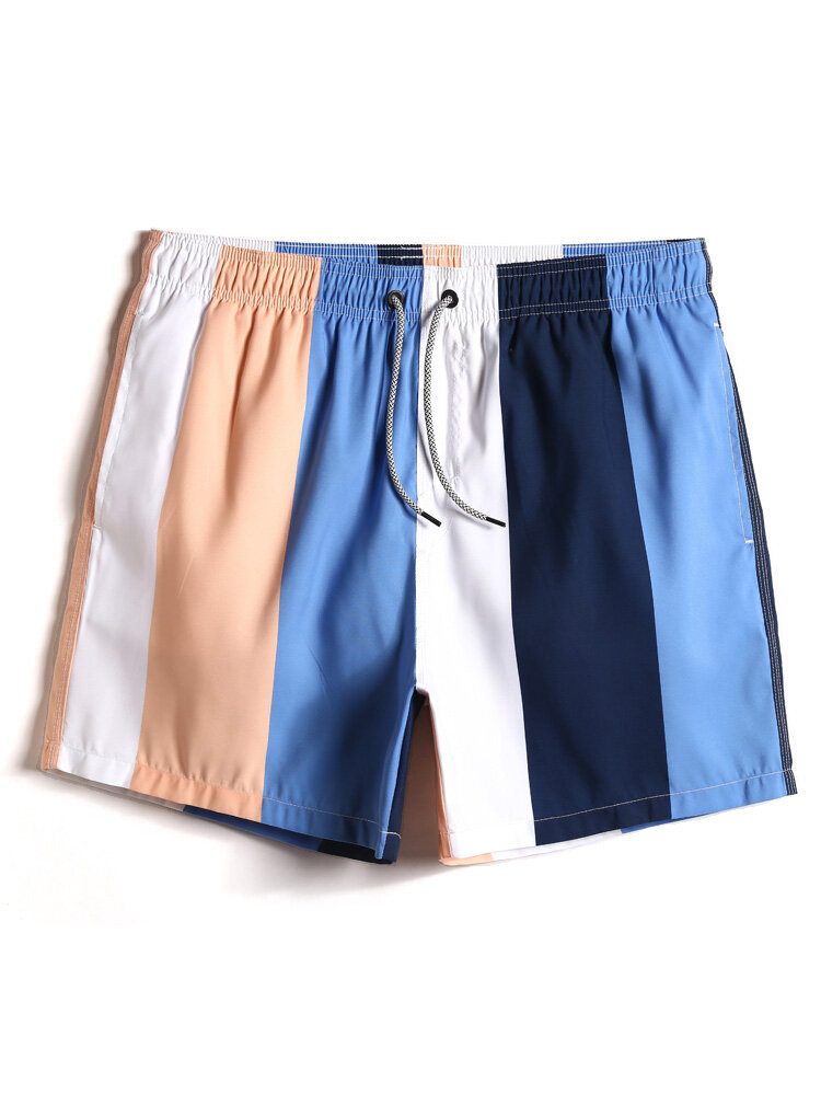 Herre Color Block Stripe Hurtigtørkende Strandshorts Med Snøring Med Lomme