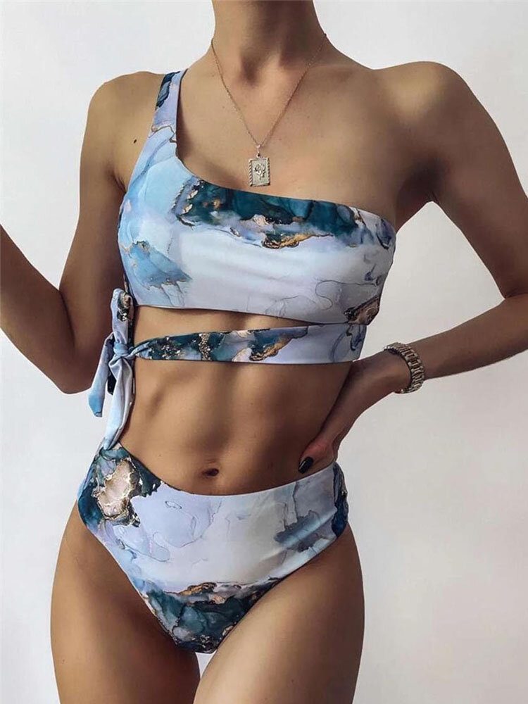 Kontrastfarge Tie Dye Print En Skulder Knyttet Høy Midje Dame Beach Bikini