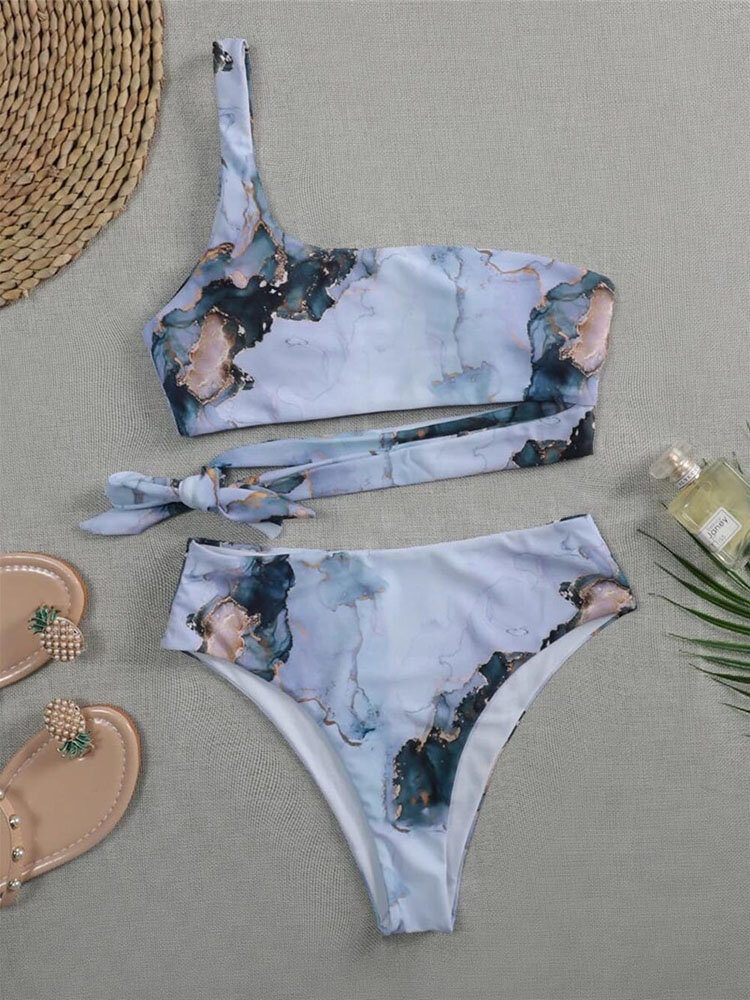 Kontrastfarge Tie Dye Print En Skulder Knyttet Høy Midje Dame Beach Bikini