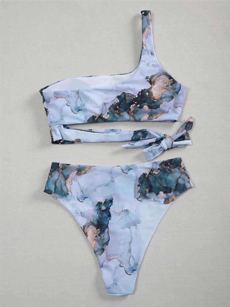 Kontrastfarge Tie Dye Print En Skulder Knyttet Høy Midje Dame Beach Bikini