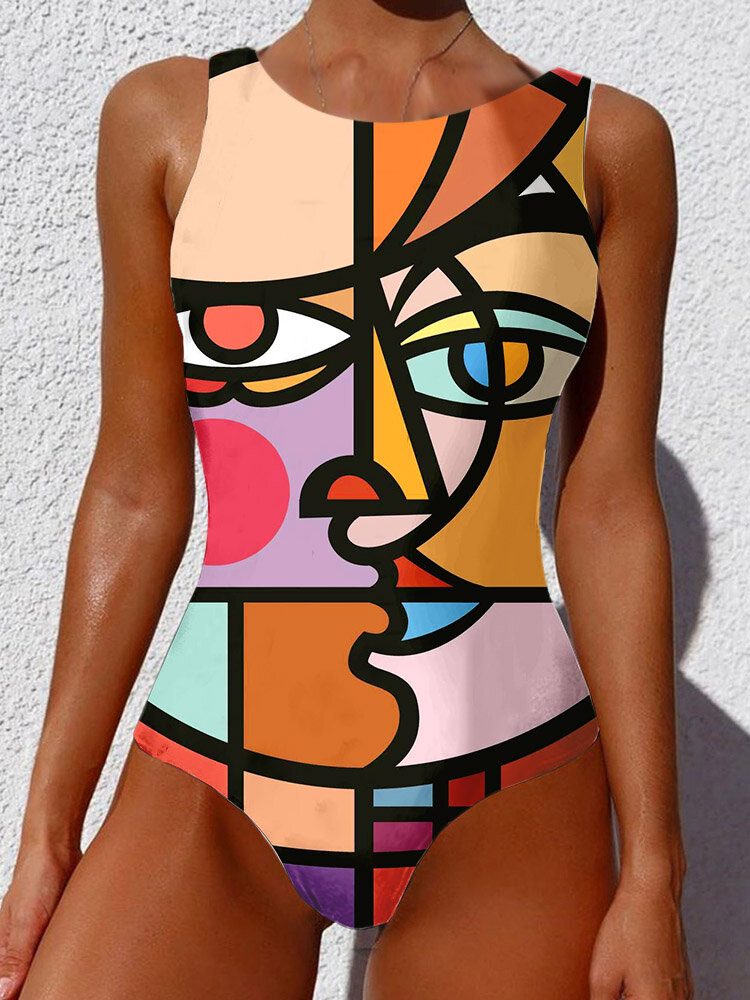 Kvinne Abstrakt Figur Print Brede Stropper Ryggløse Beach One Piece