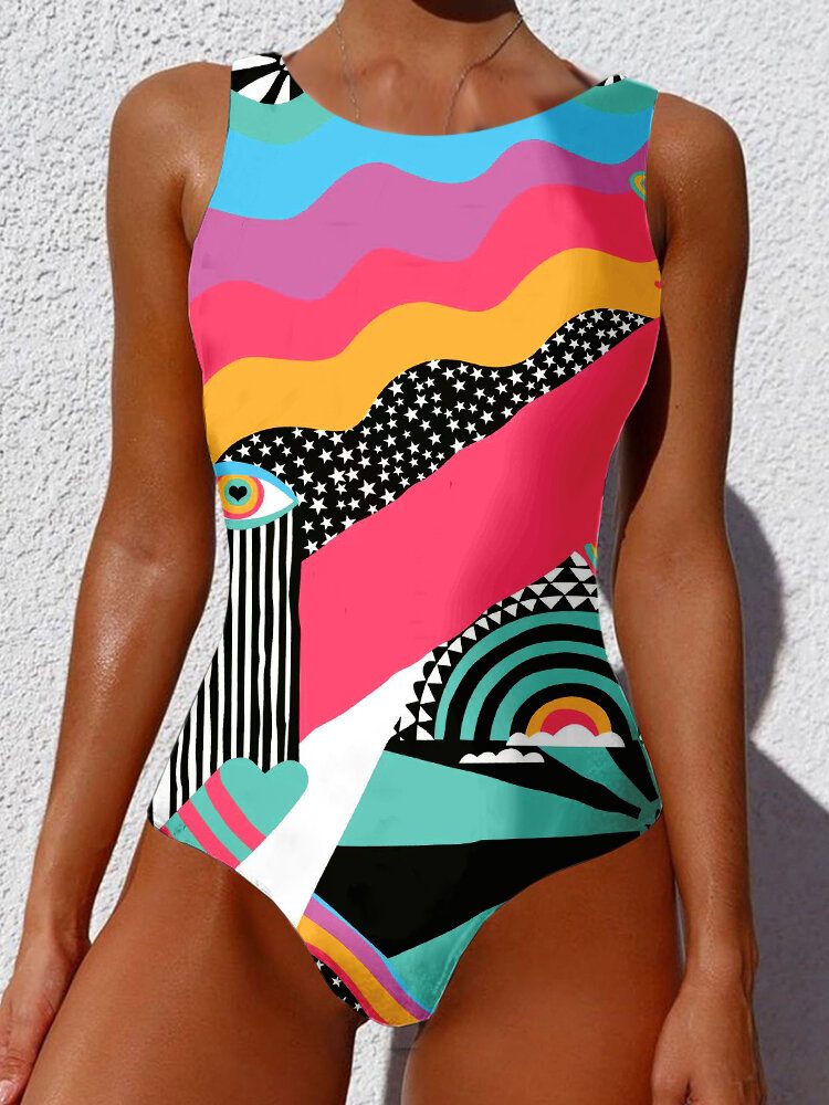 Kvinne Abstrakt Figur Print Brede Stropper Ryggløse Beach One Piece