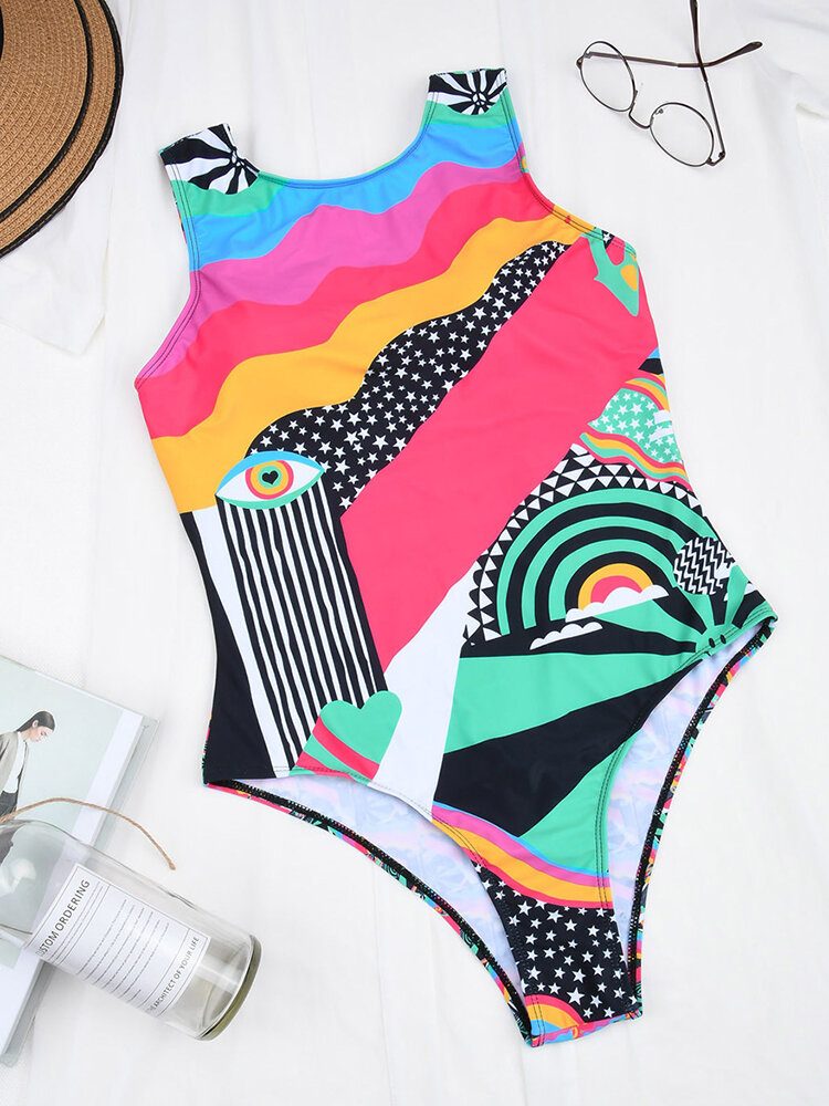 Kvinne Abstrakt Figur Print Brede Stropper Ryggløse Beach One Piece