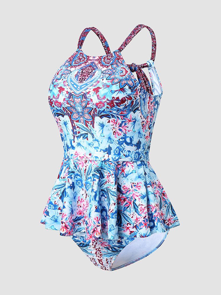 Kvinner Blomstertrykk Ruffle Trim Knyttet Rygg Hule Holiday Bikinis Badedrakter