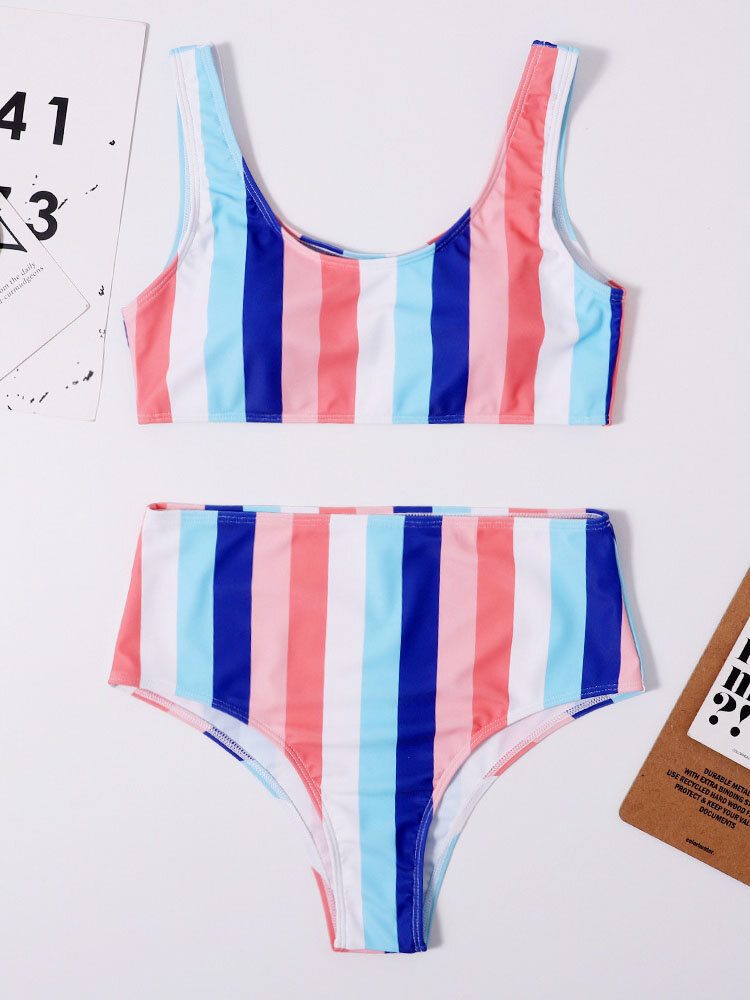 Kvinner Fargerike Stripe Brede Stropper Topp Høy Midje Bikinis Badedrakt