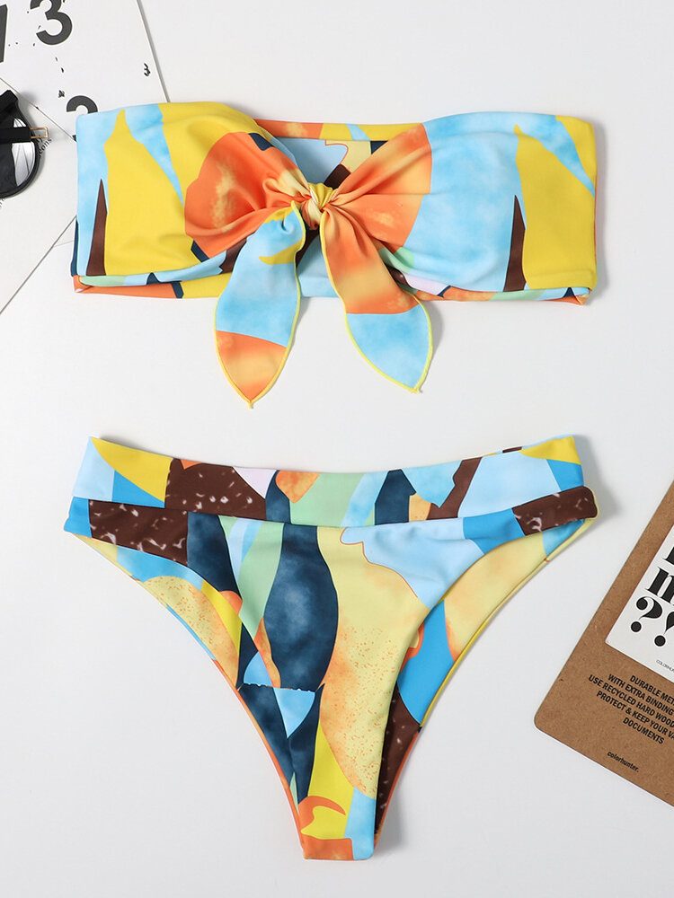 Kvinner Fargerikt Print Tie Front Bandeau Stroppeløse Bikinier Med Thong