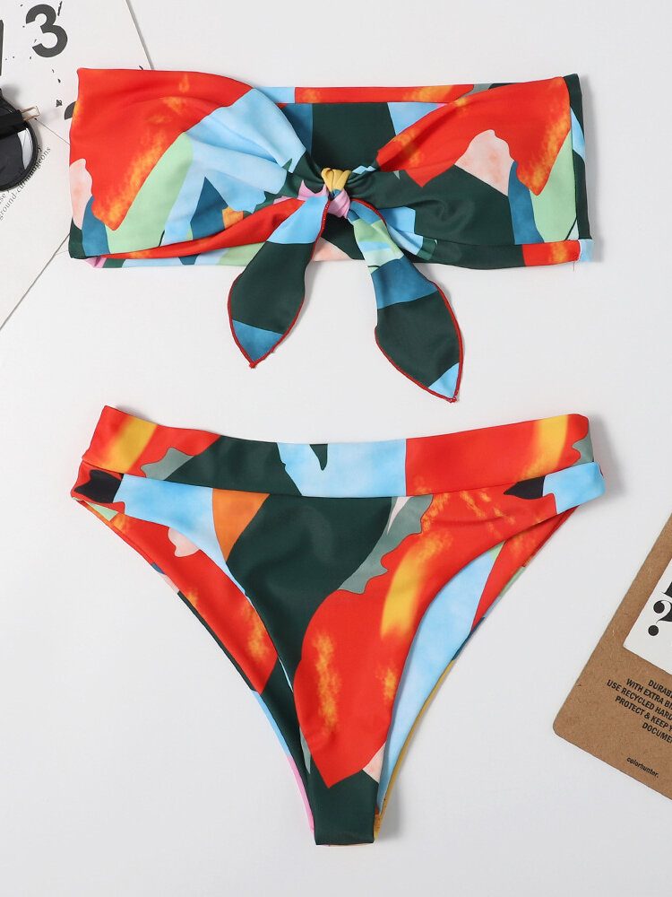 Kvinner Fargerikt Print Tie Front Bandeau Stroppeløse Bikinier Med Thong