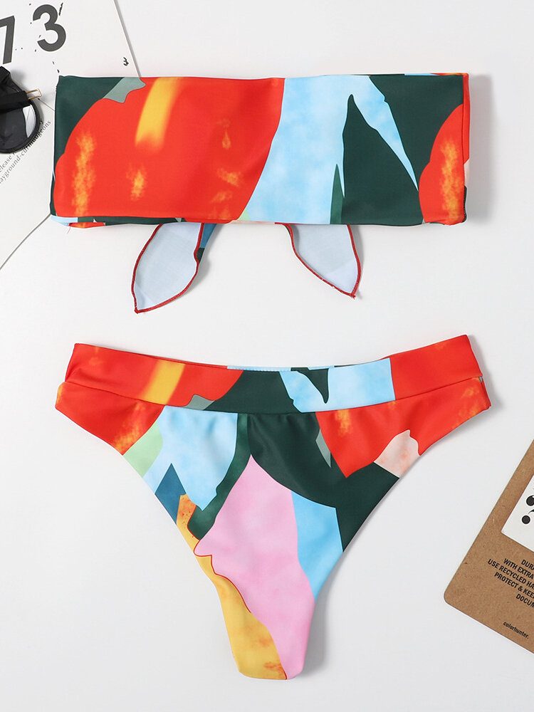 Kvinner Fargerikt Print Tie Front Bandeau Stroppeløse Bikinier Med Thong