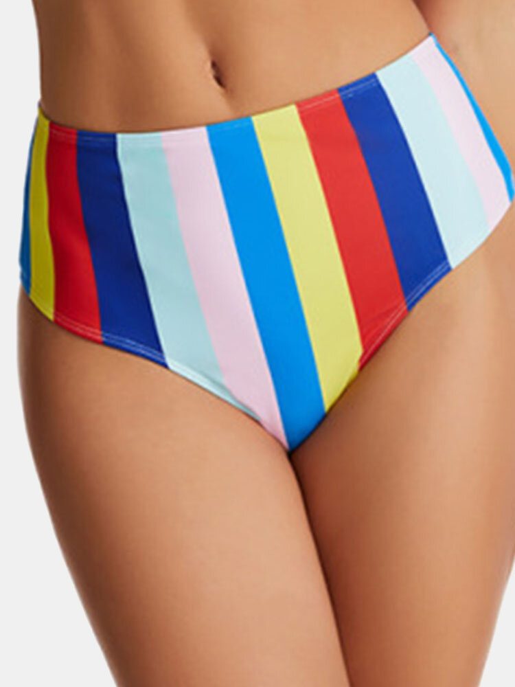 Kvinner Flerfarget Stripe Fold Plisserte Brede Stropper Bikinier Med Høy Midje