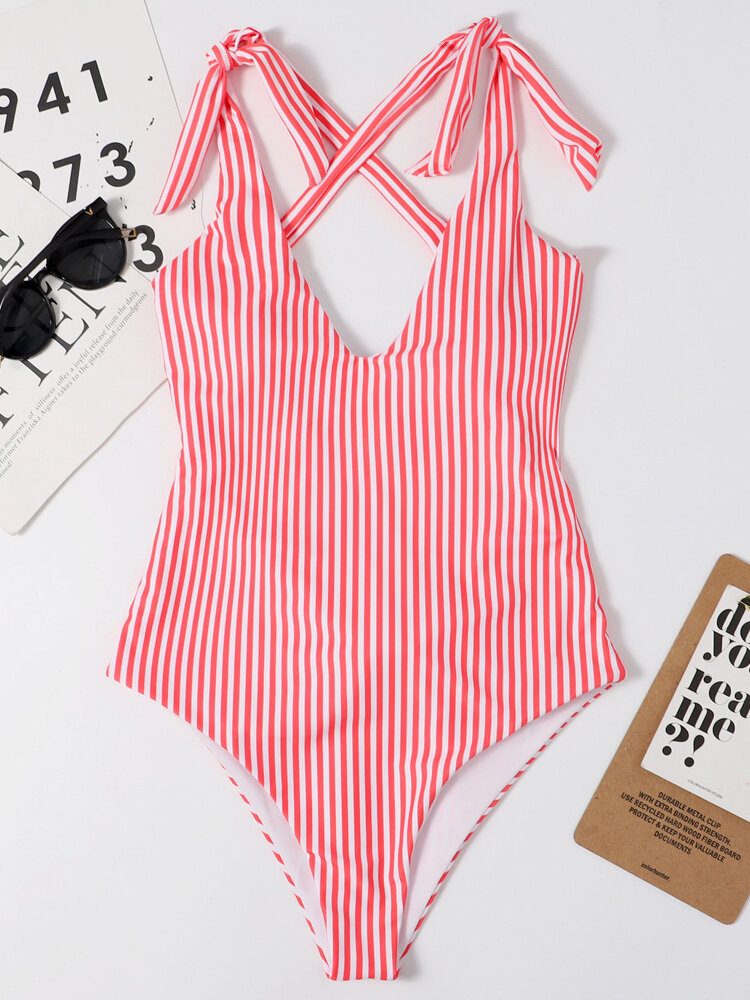 Kvinner Pinstripe Criss Cross Rygg Søt Sløyfe Skulder One Piece Slankende Badedrakt